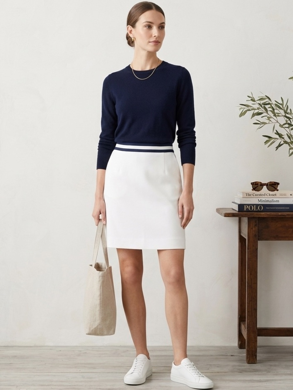 Celine White Cotton A-Line Skirt Navy Stripe Waist Size 40 Preppy Minimalist - Picture 4 of 13